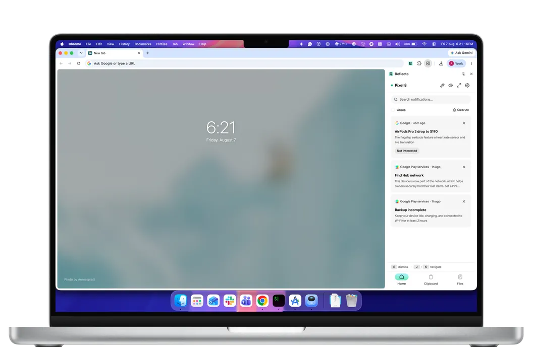 Reflecto side panel in Chrome on a MacBook, showing mirrored Android notifications