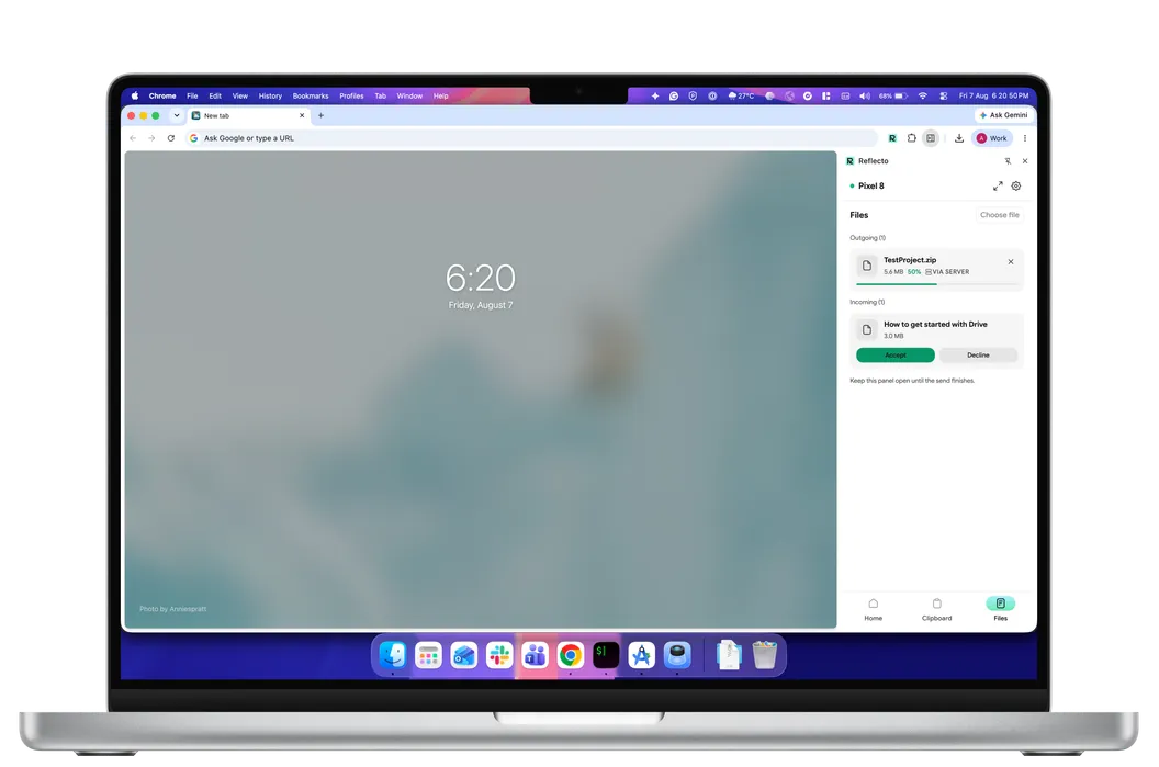 Reflecto's Files panel in Chrome on a MacBook, showing a transfer in progress