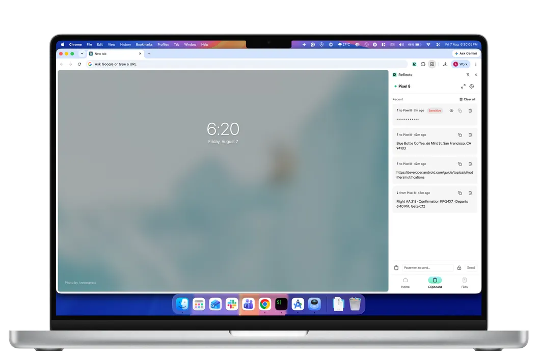 Reflecto's clipboard open in a Chrome side panel on a MacBook, showing recent clips