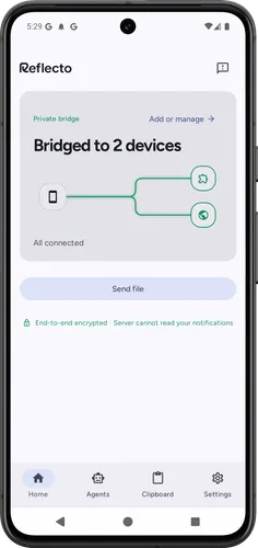 The Reflecto Android app showing a live bridge to two paired devices