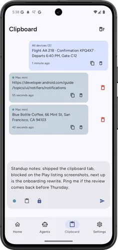 The Reflecto clipboard on Android showing clips sent from a Mac, each labelled with the device it came from