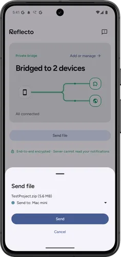 The Reflecto Android app sending a file, with the target device set to a Mac