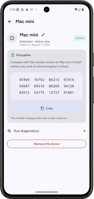 The Reflecto Android app showing the safety number for a paired Mac, with the note 'Compare with the number shown on Mac mini'