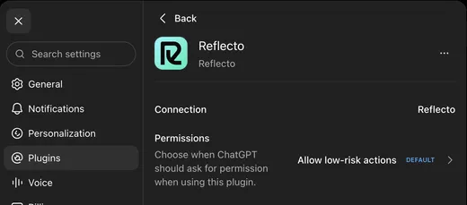 Reflecto connected in ChatGPT, showing its connection and permission settings