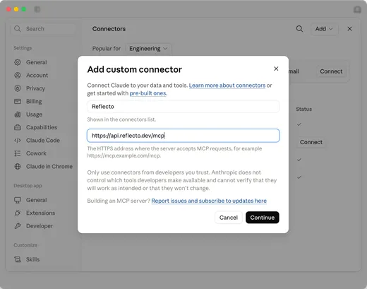 Claude's add custom connector dialog with the Reflecto URL entered