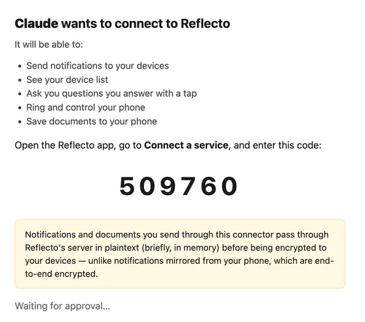Reflecto's consent screen listing what the assistant will be able to do, with a six-digit code