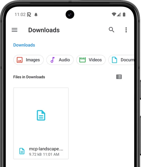 An Android Downloads folder holding mcp-landscape.md, a file Claude just sent