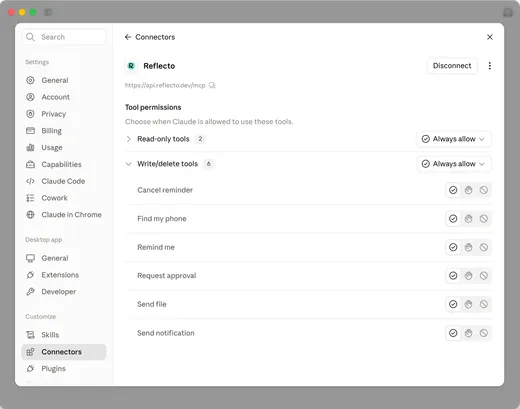 Reflecto's tool permissions in Claude, each tool with allow, ask and block controls