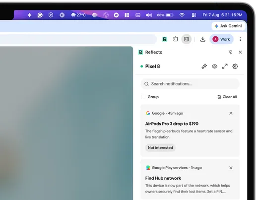 Reflecto's side panel in Chrome on a MacBook, showing notifications mirrored from a Pixel 8