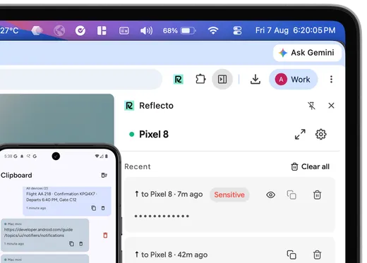 Reflecto clipboard on both devices: the Android timeline beside the Chrome panel, clips moving each way