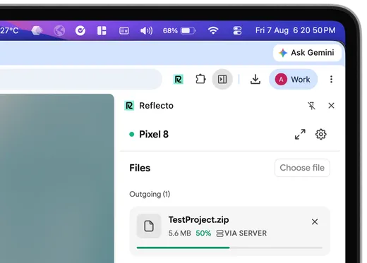 Reflecto's file panel showing TestProject.zip uploading at 50 percent via the relay