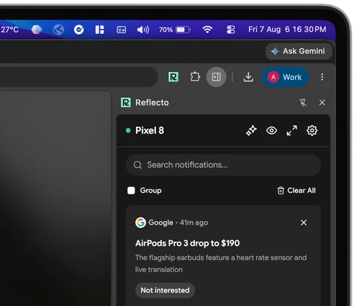 The Reflecto side panel listing notifications mirrored from a Pixel 8