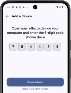 The Reflecto Android app showing a six-digit pairing code